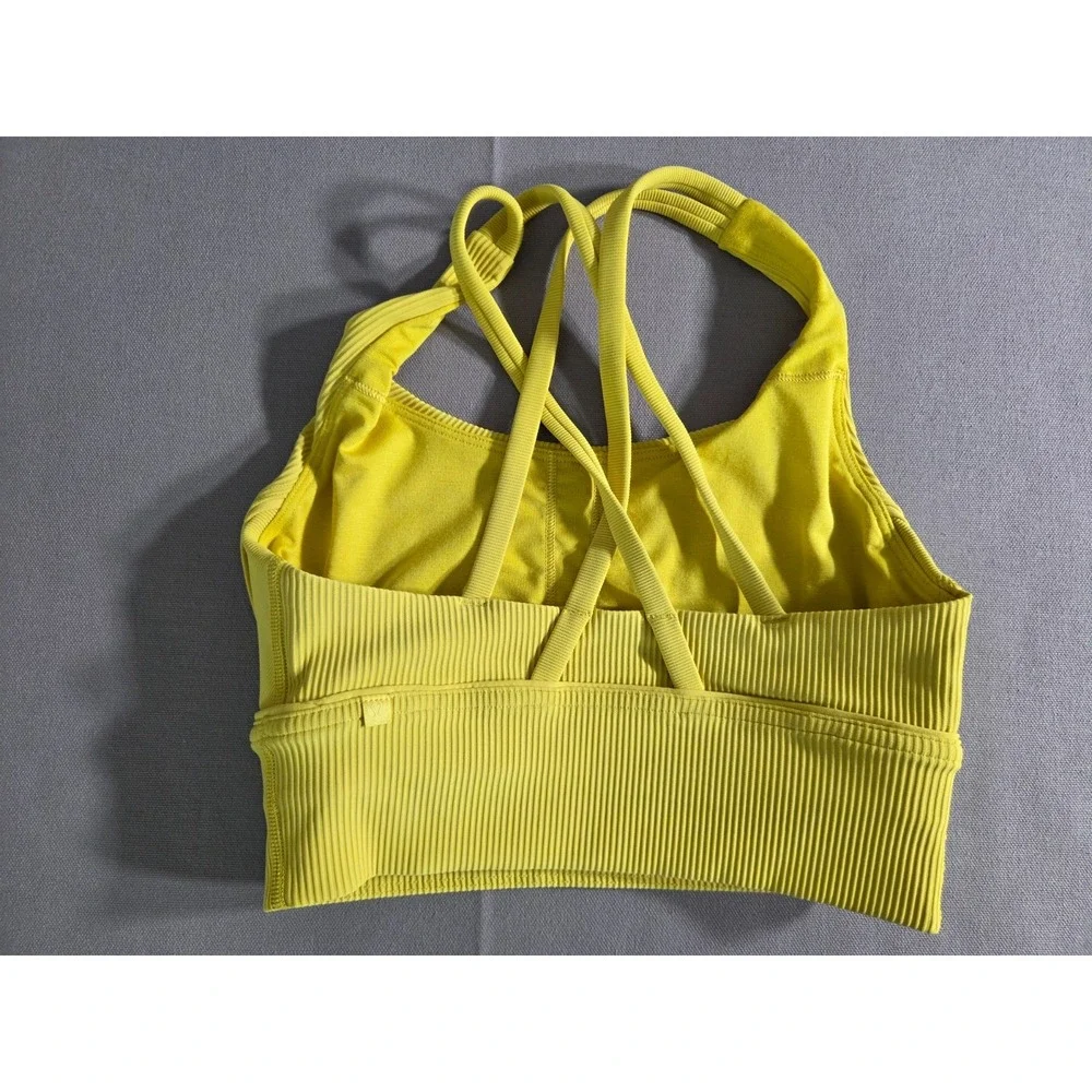 Lululemon Sports Bra Womens 4 Yellow Energy Longline Ribbed Strappy Open Back